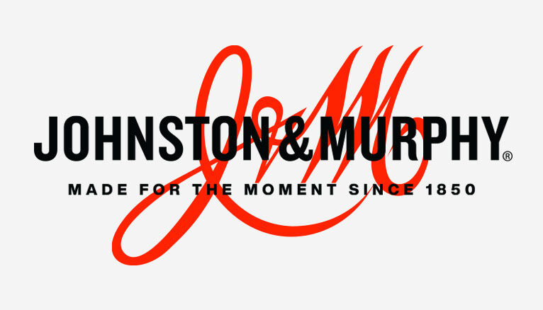 Johnston & Murphy white banner that reads "Made For The Moment Since 1850" with red J&M Logo in the background.